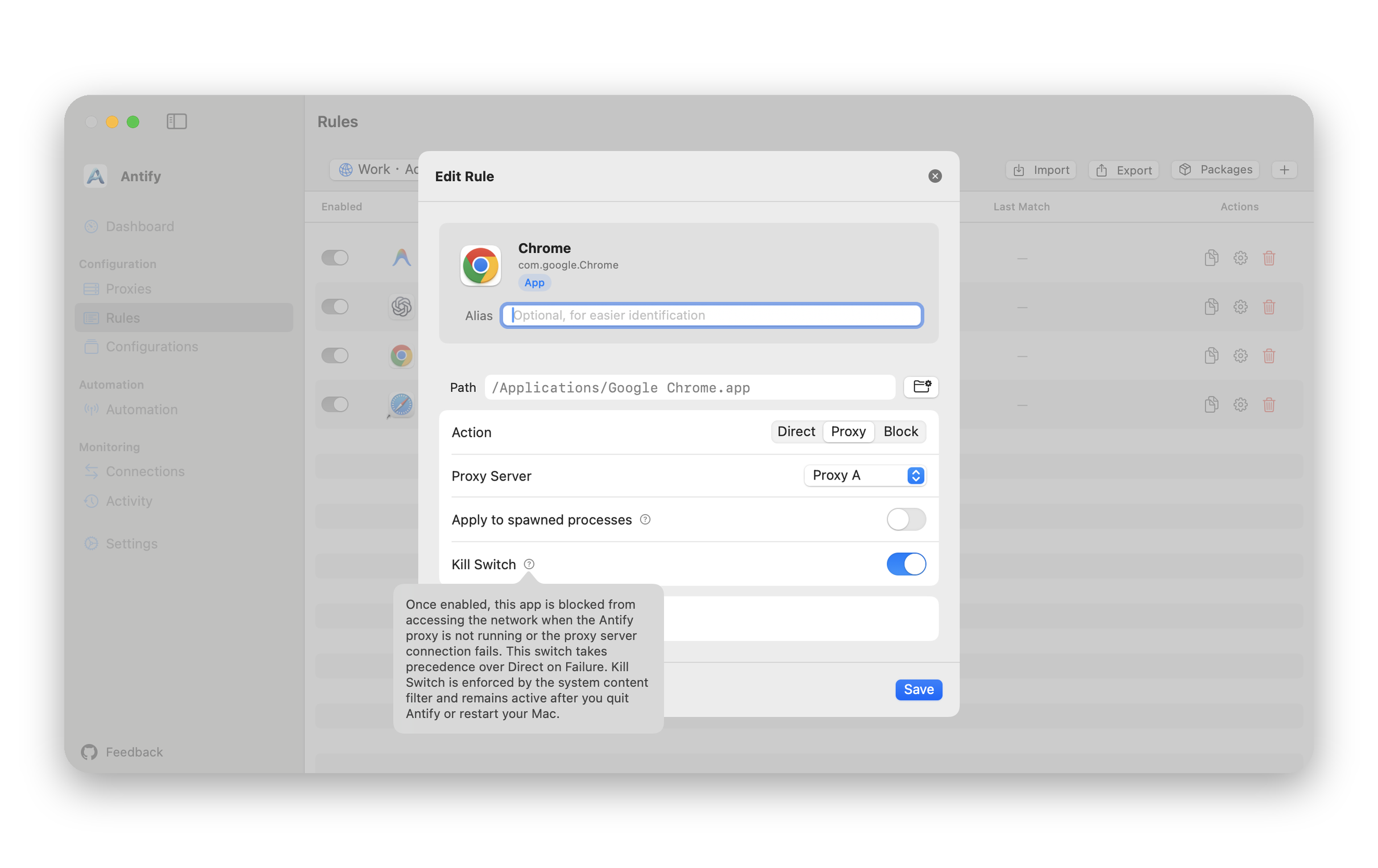 The Edit Rule window with the Kill Switch turned on and its help popover open