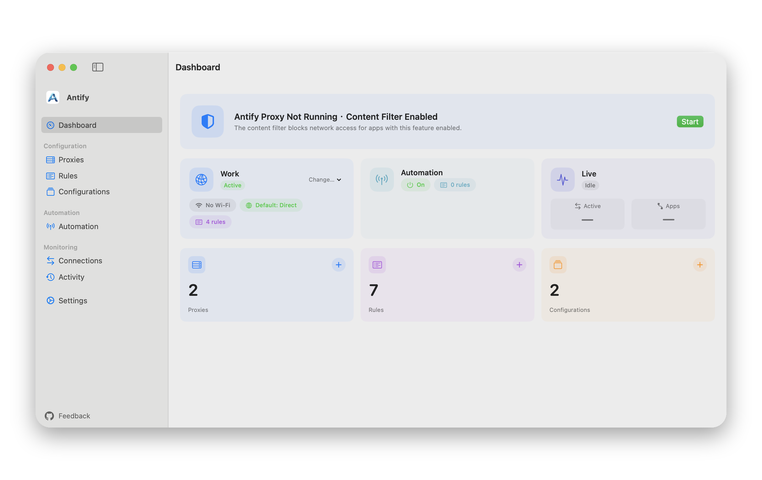 The Dashboard card reading Antify Proxy Not Running · Content Filter Enabled