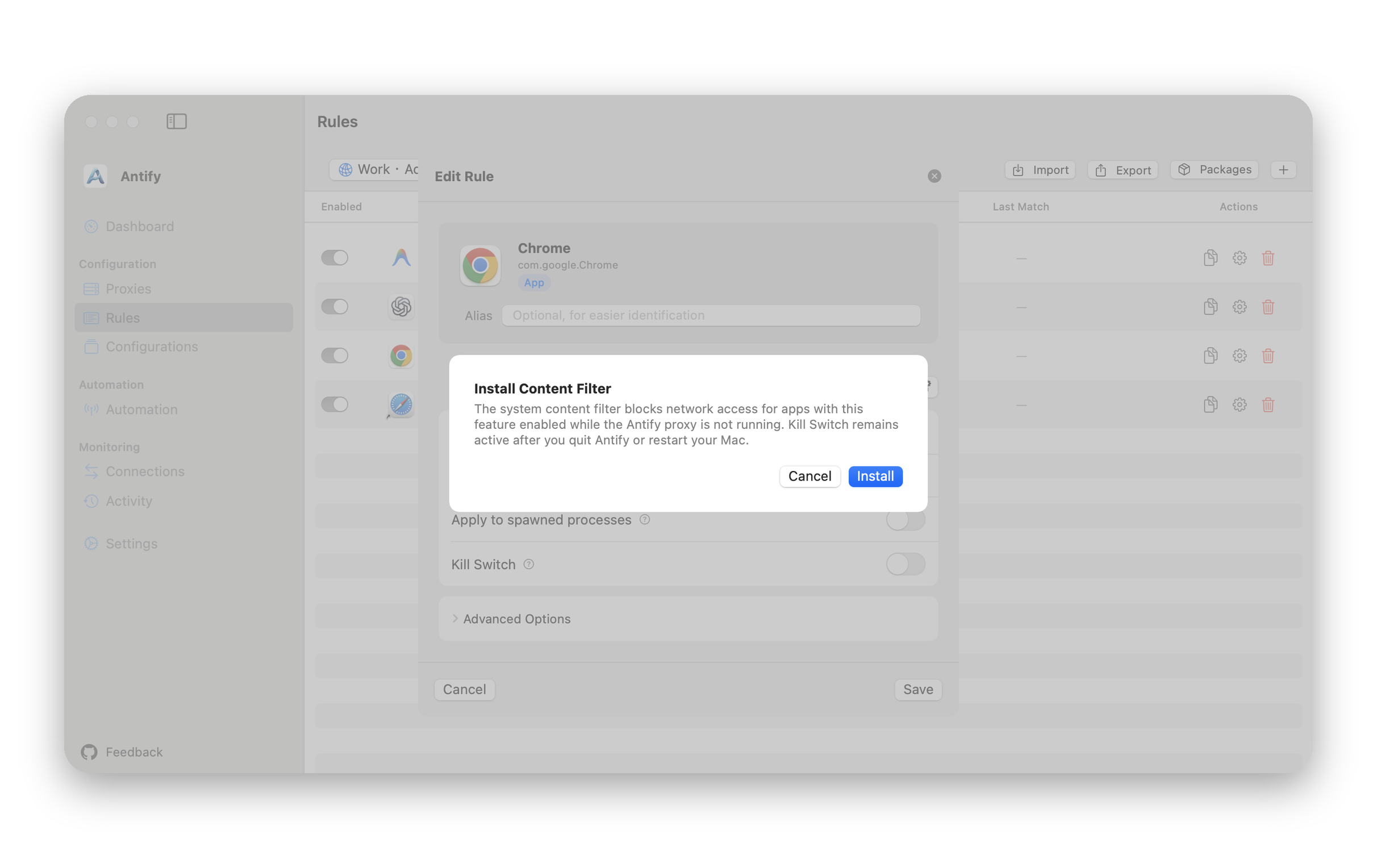 The Install Content Filter window shown the first time Kill Switch is turned on, with Cancel and Install buttons