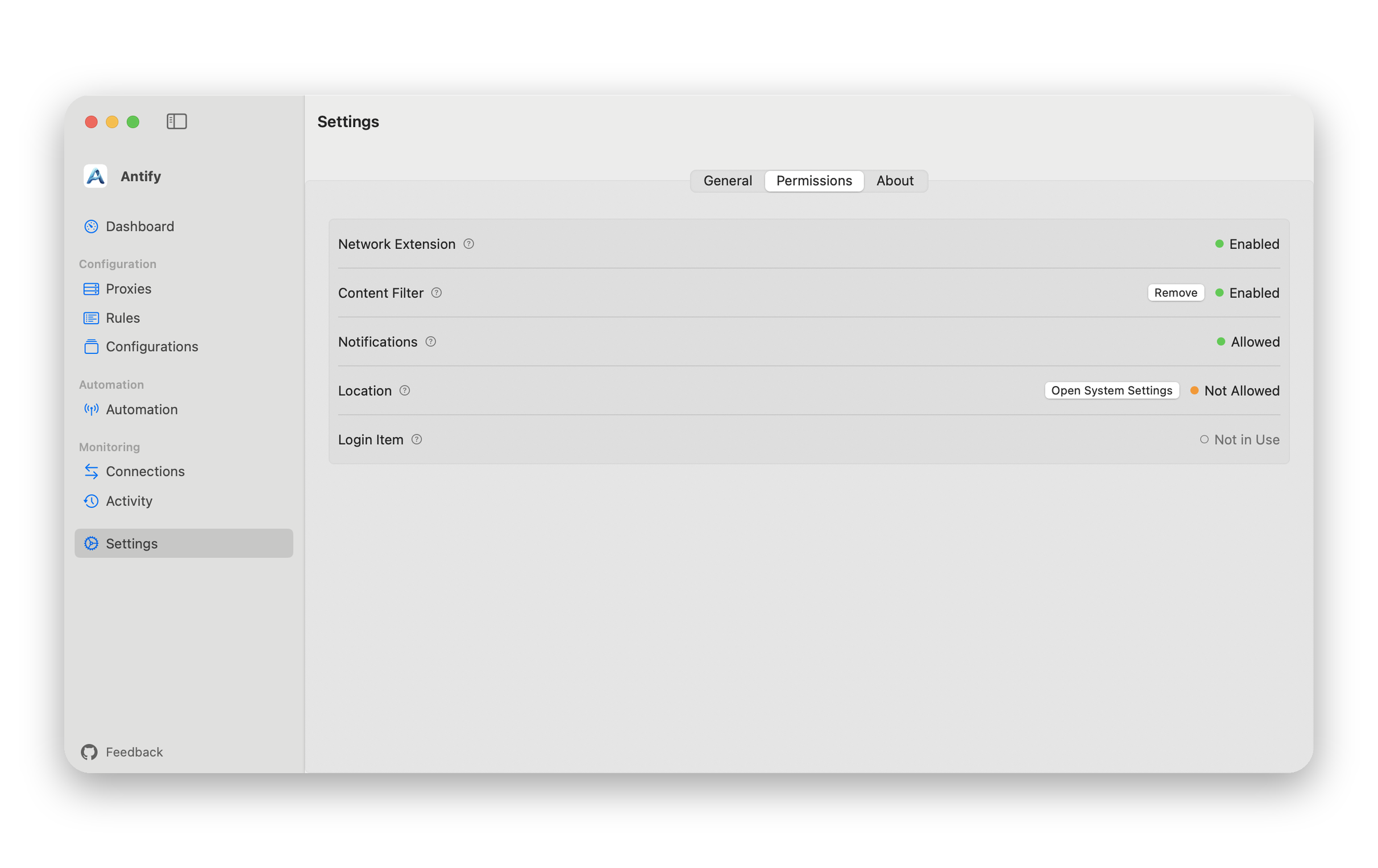 The Permissions tab of Settings with a Content Filter row showing a Remove button and an Enabled status
