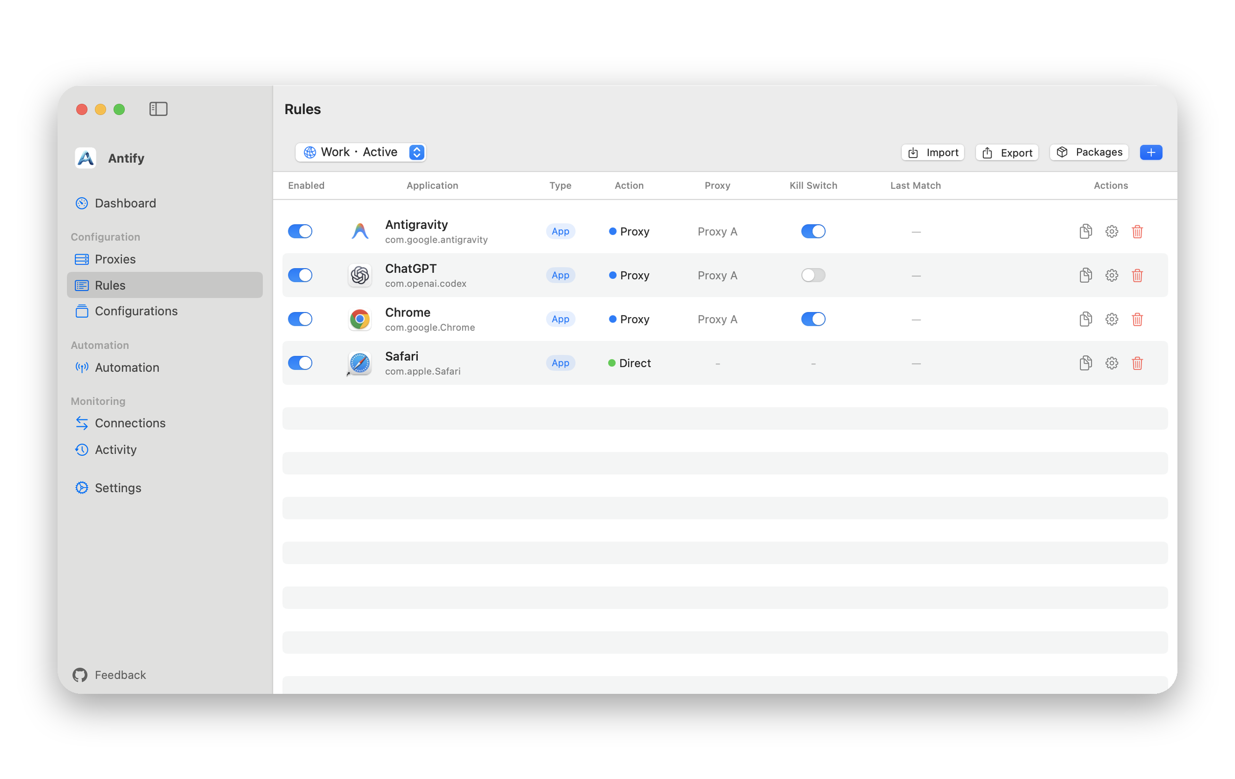 Antify Rules page with a Kill Switch column holding a switch for each proxy rule and a dash on the Direct rule